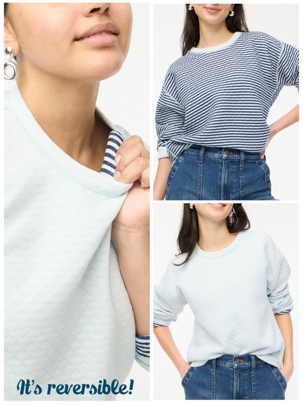 J CREW M Reversible Quilted Pullover • Blue Stripe Solid Twofer Sweatshirt Top